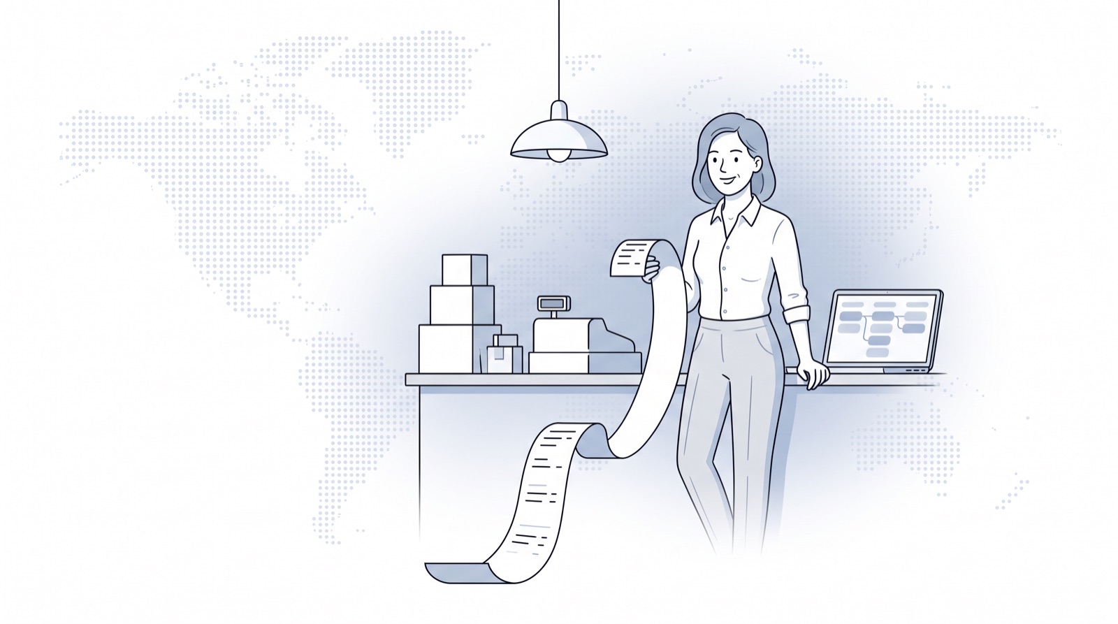 Fluid CRM editorial illustration of a founder holding a long receipt beside stacked boxes, showing Pipedrive pricing