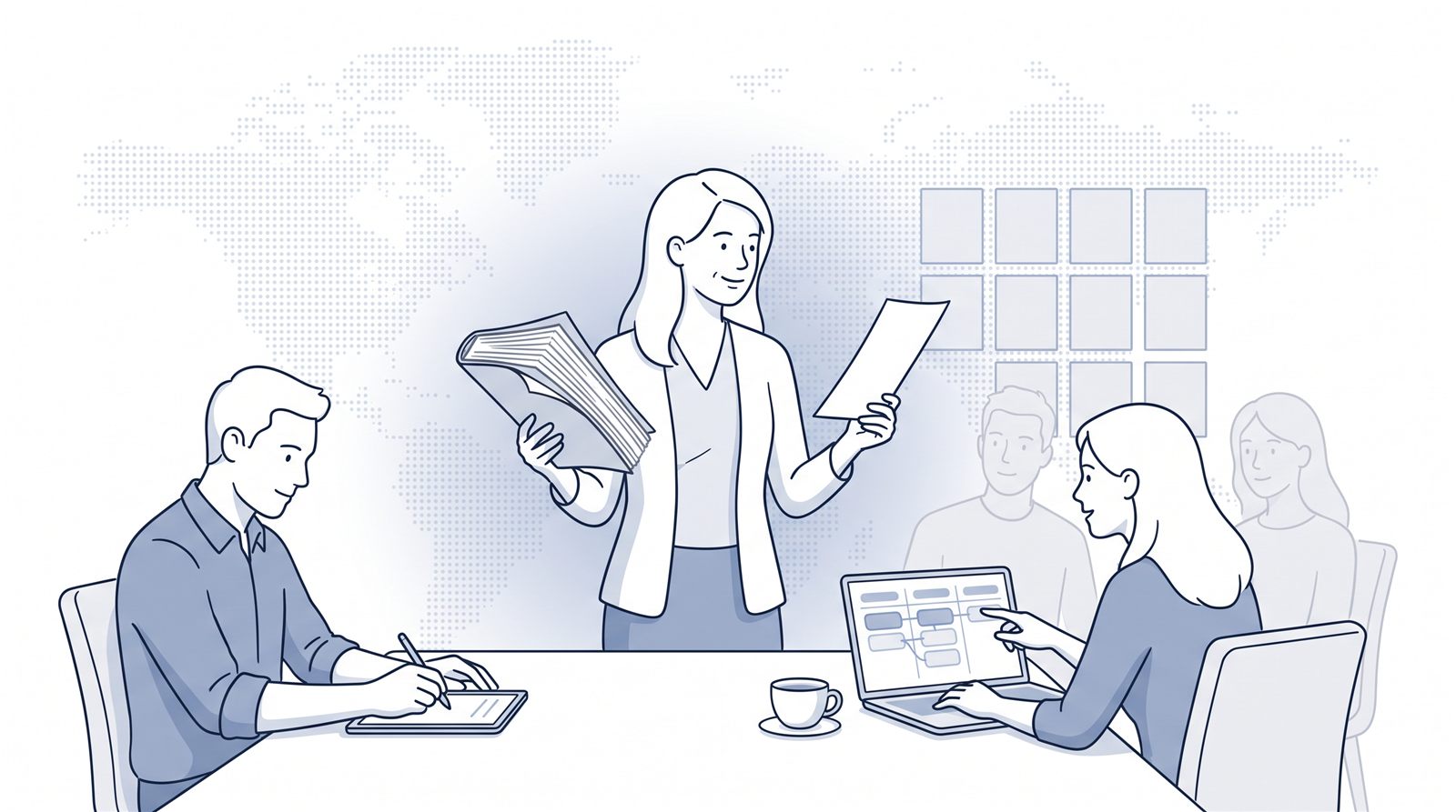 Fluid CRM editorial illustration of a team of five weighing a thick contract against one page, Pipedrive vs Salesforce