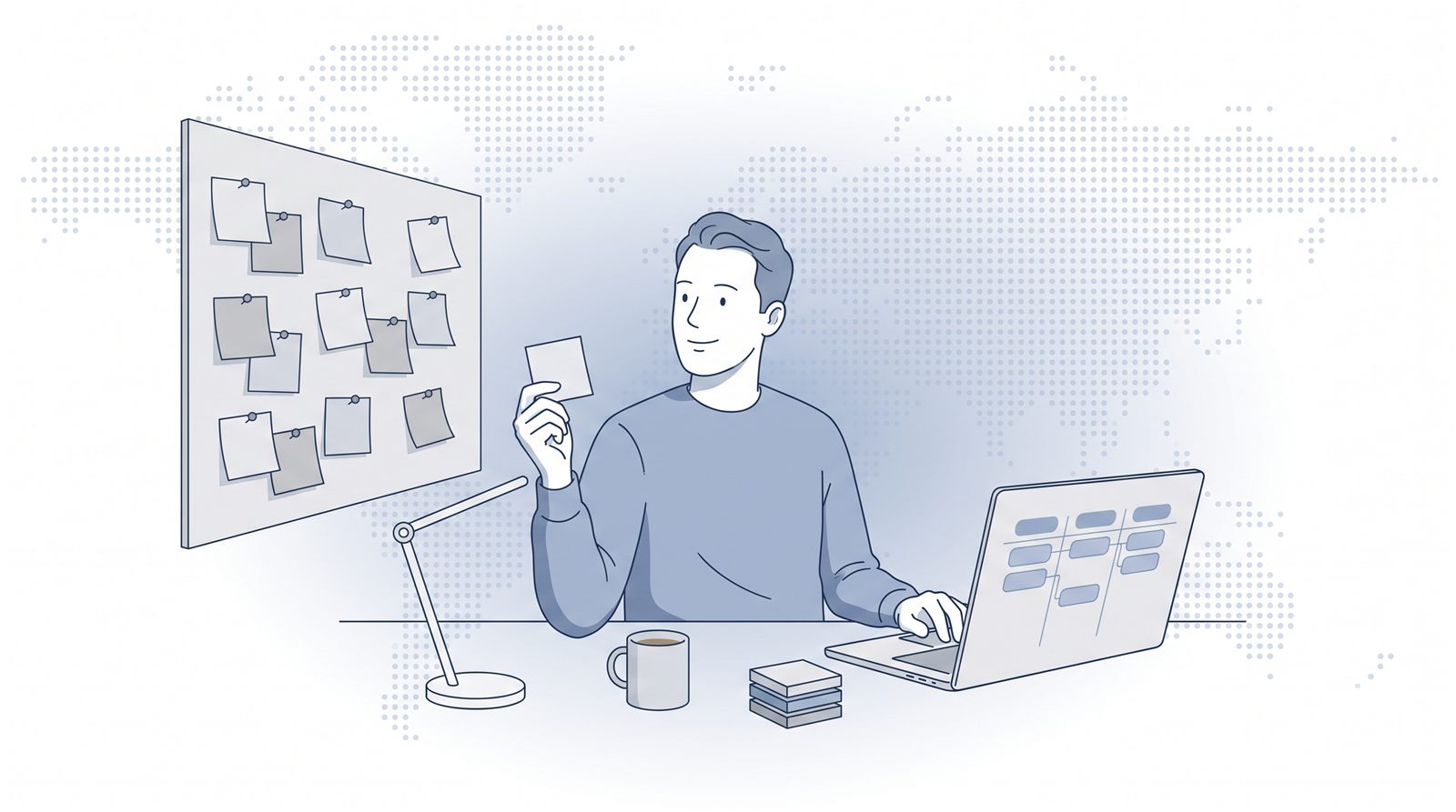 Fluid CRM editorial illustration of a freelancer moving sticky notes from a board into a Pipedrive vs Trello sales pipeline