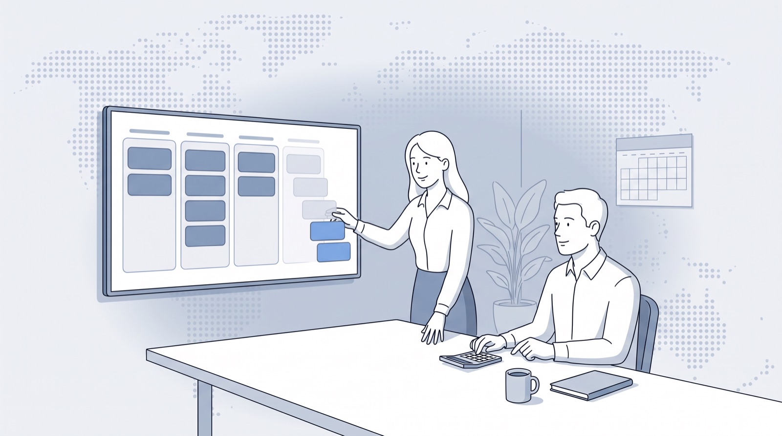 Fluid CRM editorial illustration of a sales lead clearing stale deals off a board to check pipeline coverage ratio