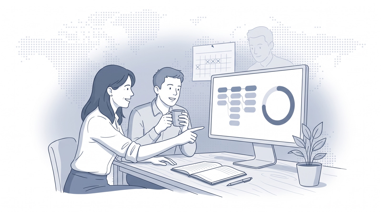 Fluid CRM editorial illustration of a founder and salesperson checking quota attainment on a pipeline screen