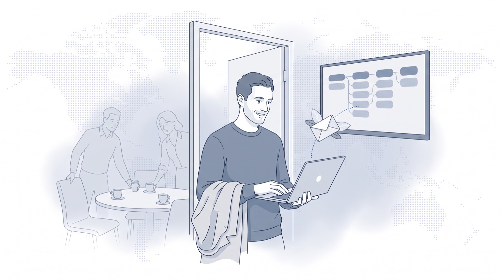 Fluid CRM editorial illustration of a salesman sending a sales follow-up email right after a meeting