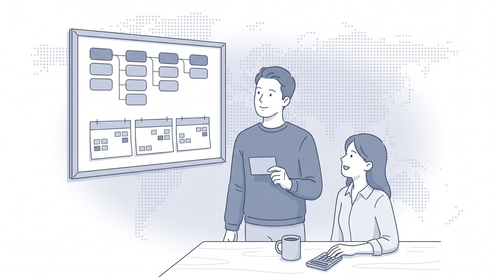 Fluid CRM editorial illustration of a sales lead placing deals into three months for sales forecasting in a small team