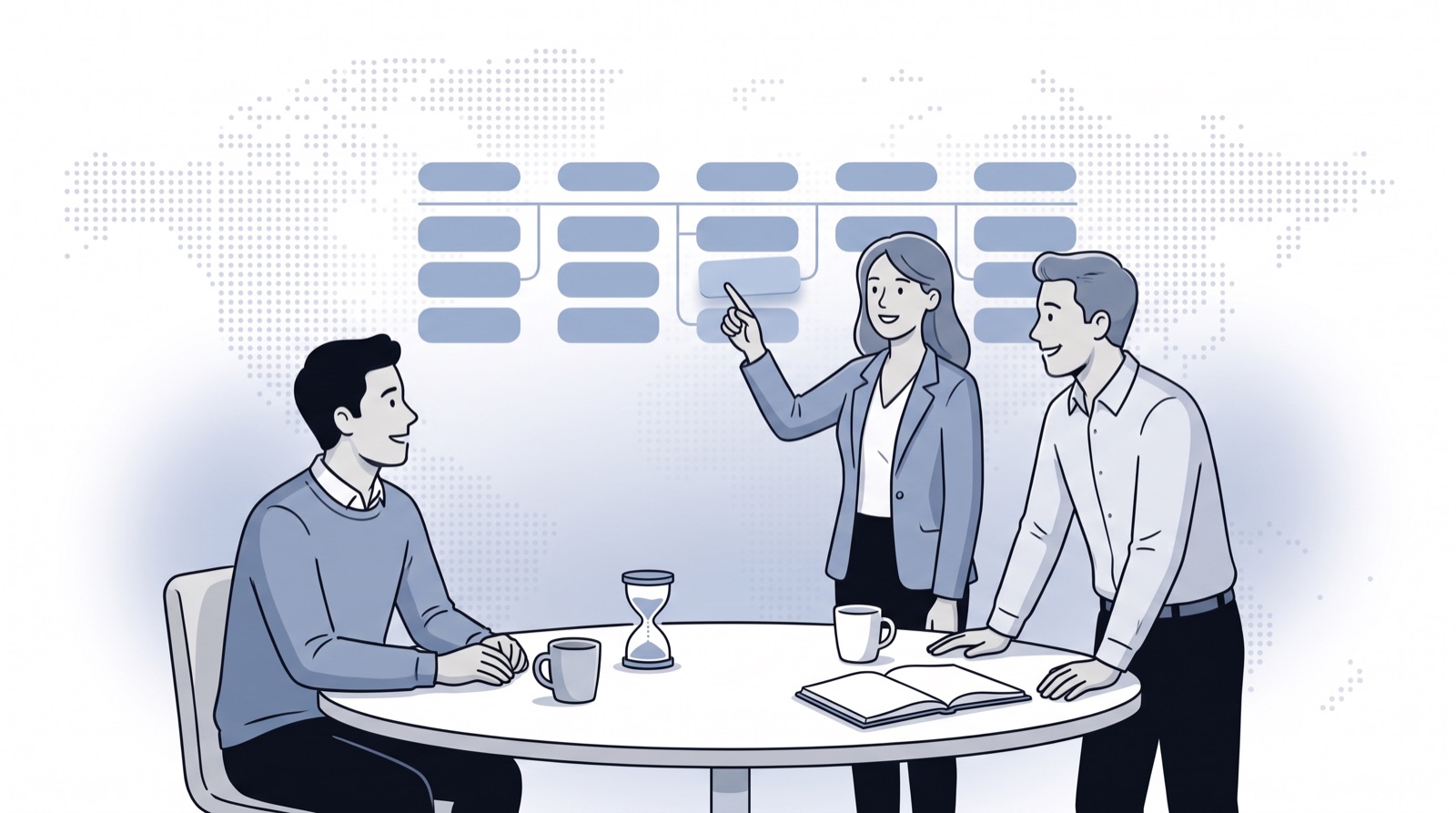 Fluid CRM editorial illustration of a small team discussing one deal on a board in a sales pipeline review