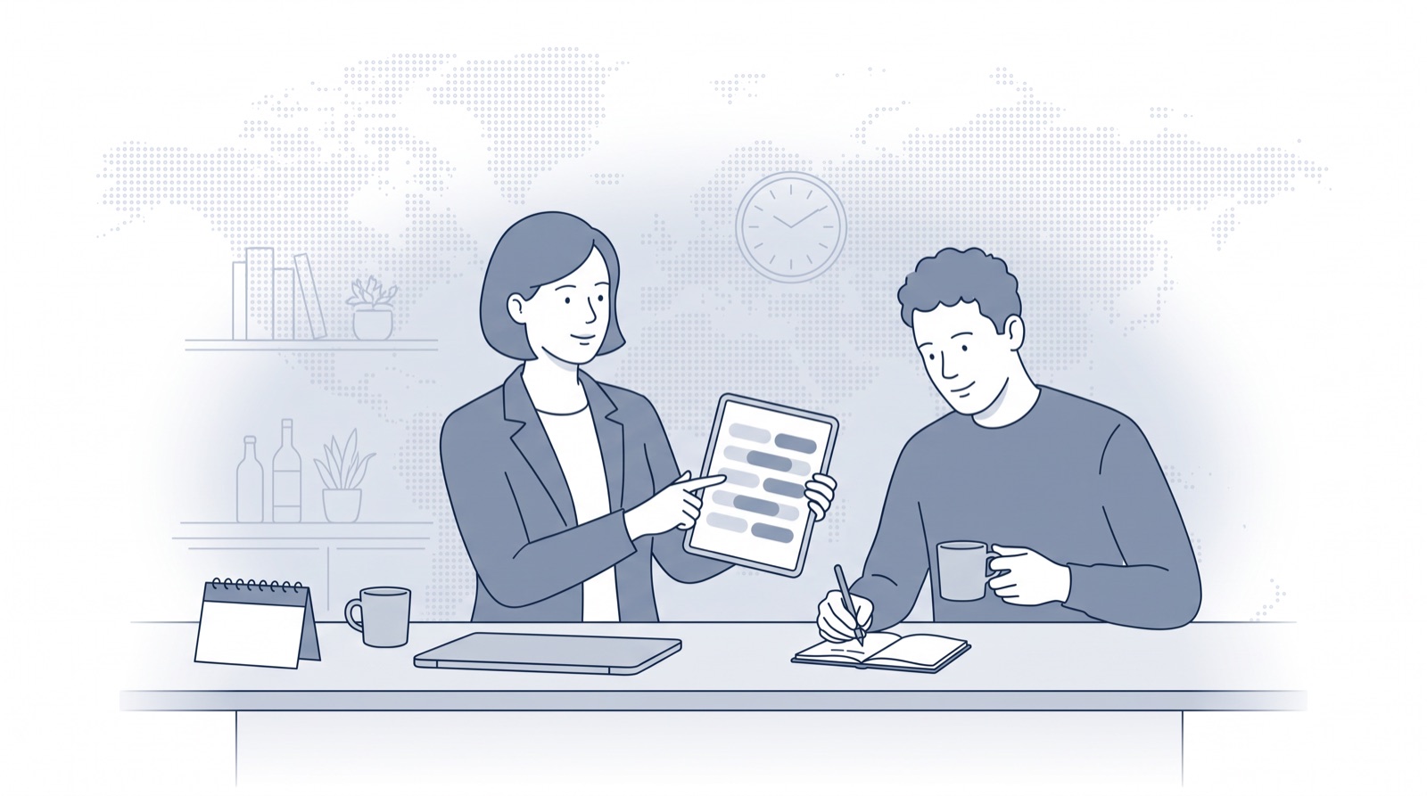 Fluid CRM editorial illustration of two colleagues reading a weekly sales report template on a tablet