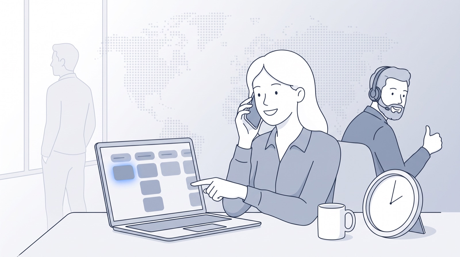 Fluid CRM editorial illustration of a woman calling a new lead from the pipeline as a colleague hands it off, speed to lead