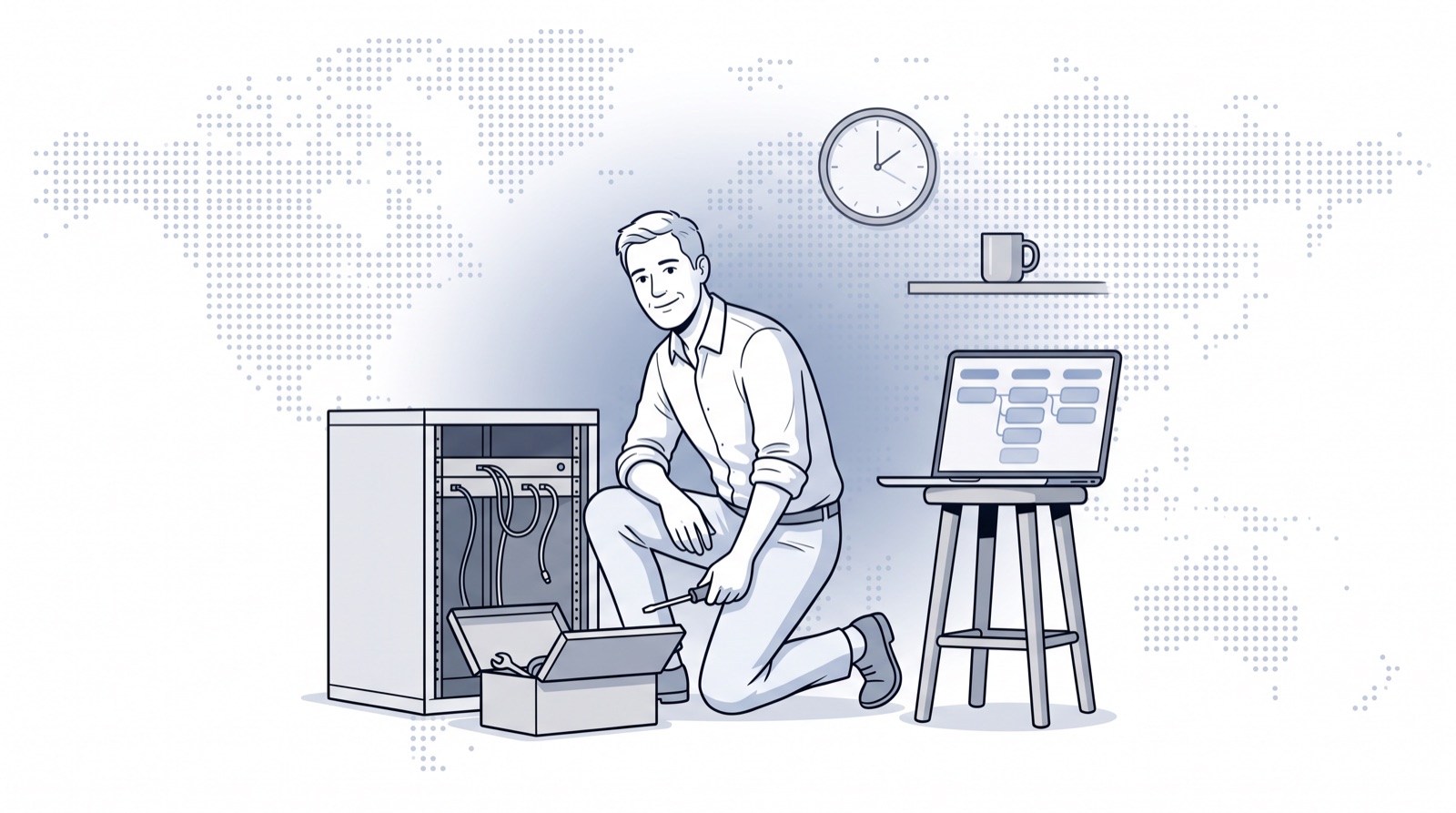 Fluid CRM editorial illustration of a founder kneeling at a small server rack with a toolbox for a Twenty CRM review