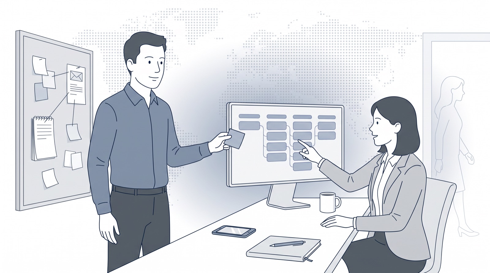 Fluid CRM editorial illustration of a man handing a sticky note toward a pipeline screen as a colleague points, what is a CRM