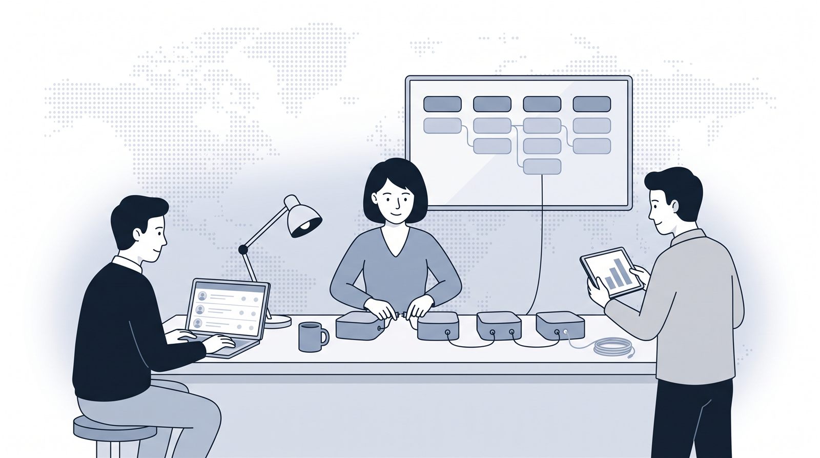 Fluid CRM editorial illustration of three people wiring sales tools together, what is a GTM engineer