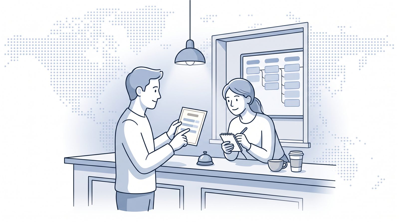 Fluid CRM editorial illustration of a man ordering from a short menu, showing what is an MCP server