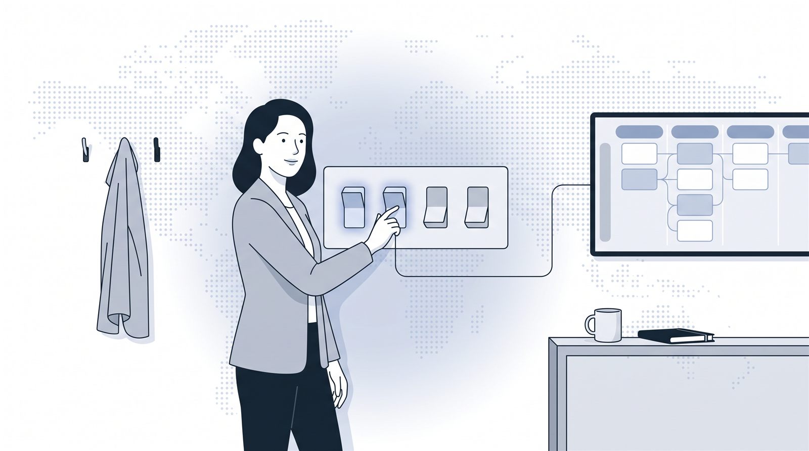 Fluid CRM editorial illustration of a woman choosing which of four switches to turn on, Zoho MCP